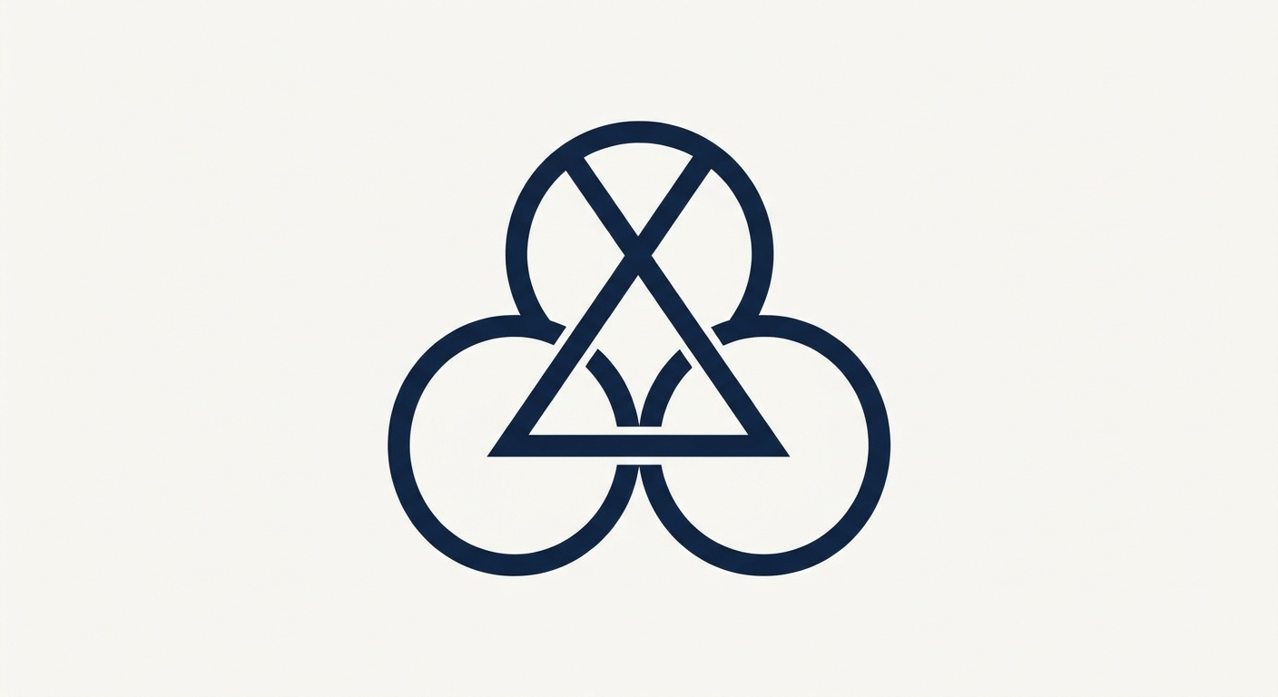 A dark blue geometric symbol on a light cream background. The symbol consists of three interlocking circles forming a clover-like shape, with a triangle superim